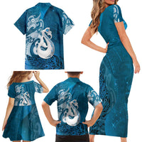 New Zealand Matariki Family Matching Short Sleeve Bodycon Dress and Hawaiian Shirt Maori Manaia Galaxy Silver Fern Blue Color LT22 - Polynesian Pride