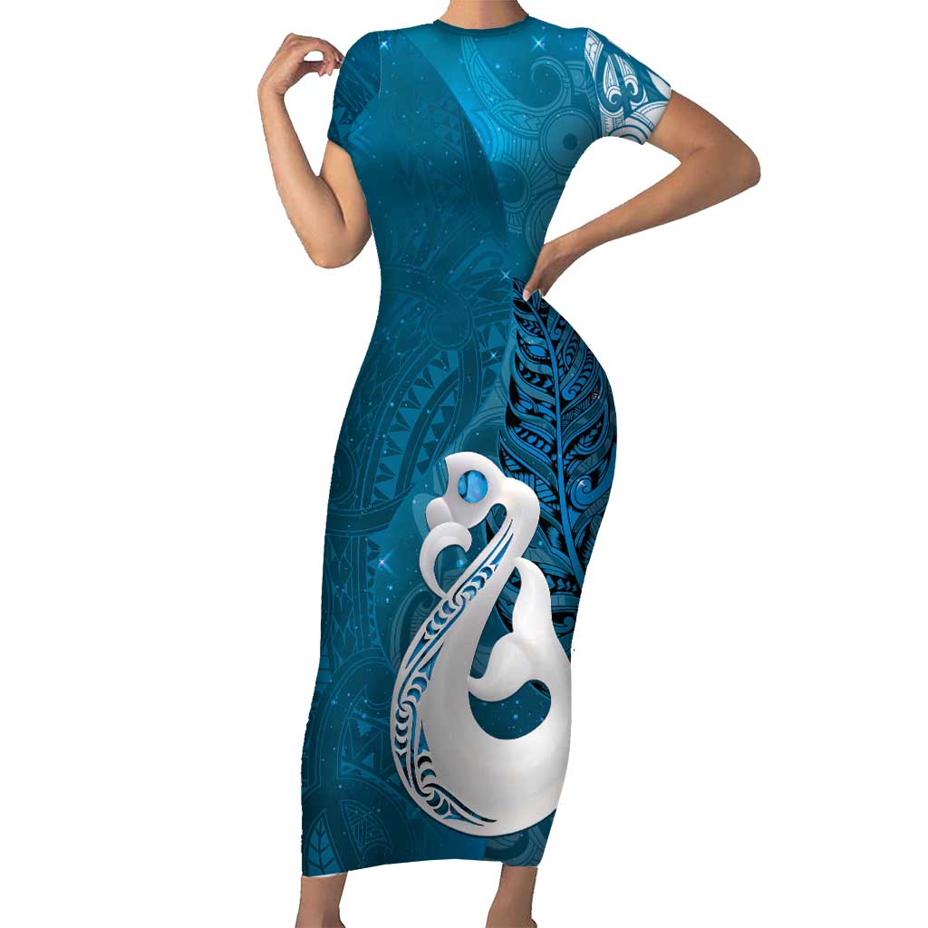 New Zealand Matariki Family Matching Short Sleeve Bodycon Dress and Hawaiian Shirt Maori Manaia Galaxy Silver Fern Blue Color LT22 Mom's Dress Blue - Polynesian Pride