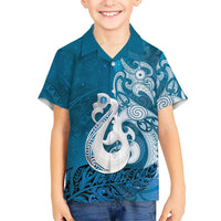 New Zealand Matariki Family Matching Short Sleeve Bodycon Dress and Hawaiian Shirt Maori Manaia Galaxy Silver Fern Blue Color LT22 Son's Shirt Blue - Polynesian Pride