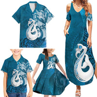 New Zealand Matariki Family Matching Summer Maxi Dress and Hawaiian Shirt Maori Manaia Galaxy Silver Fern Blue Color