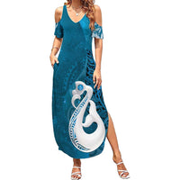 New Zealand Matariki Family Matching Summer Maxi Dress and Hawaiian Shirt Maori Manaia Galaxy Silver Fern Blue Color