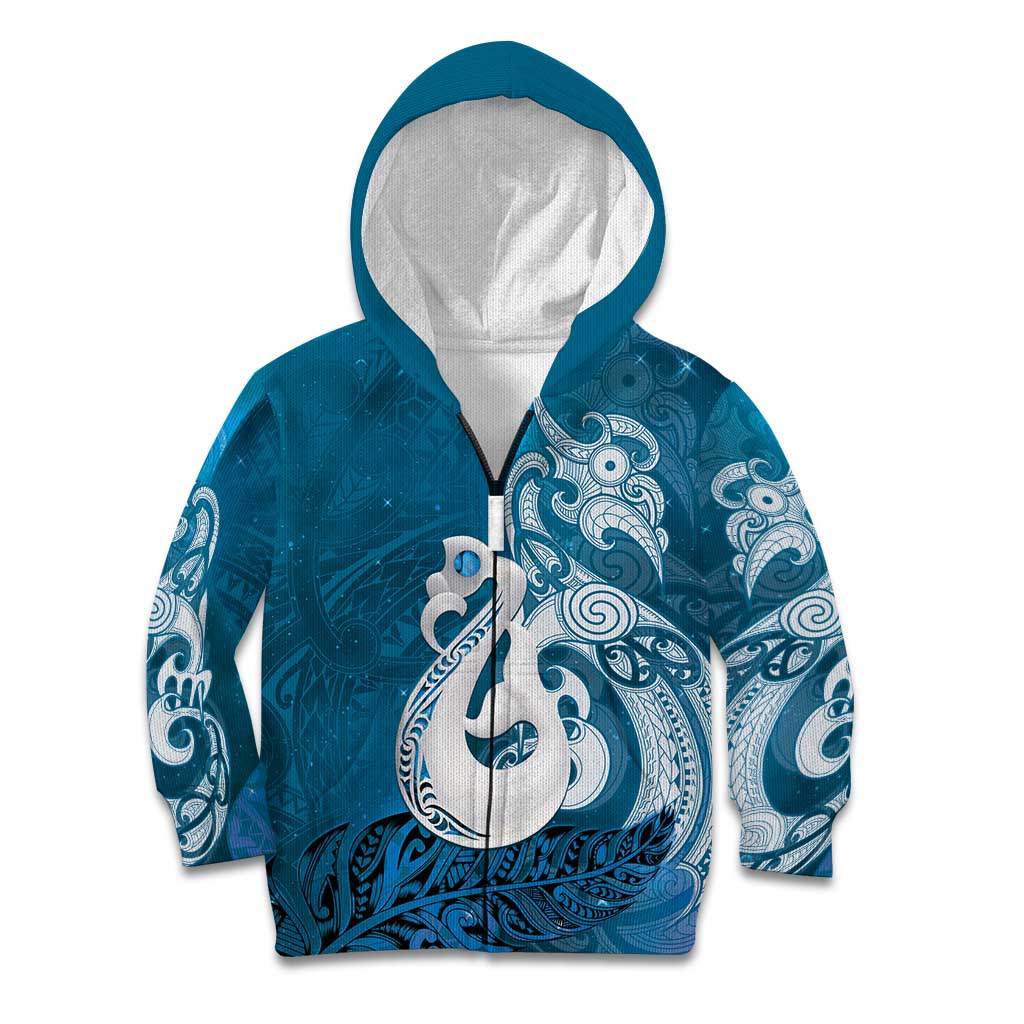 New Zealand Matariki Kid Hoodie Maori Manaia Galaxy Silver Fern Blue Color