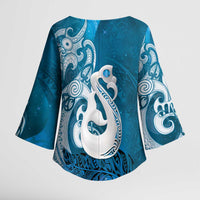 New Zealand Matariki Kimono Sleeve Blouse Maori Manaia Galaxy Silver Fern Blue Color