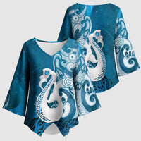 New Zealand Matariki Kimono Sleeve Blouse Maori Manaia Galaxy Silver Fern Blue Color