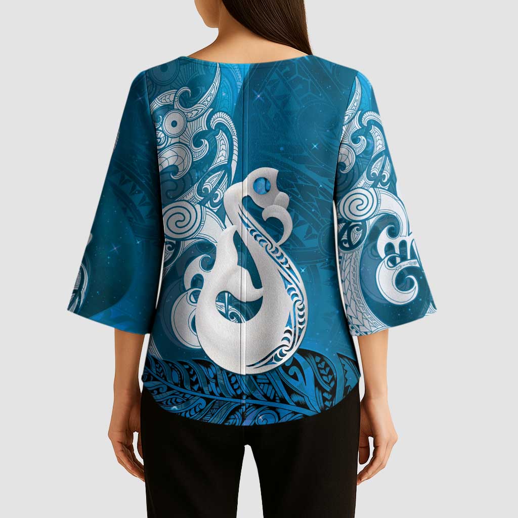 New Zealand Matariki Kimono Sleeve Blouse Maori Manaia Galaxy Silver Fern Blue Color
