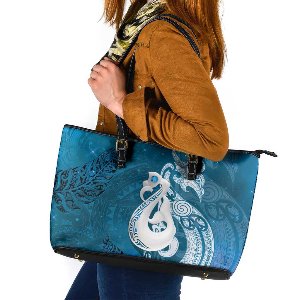 New Zealand Matariki Leather Tote Bag Maori Manaia Galaxy Silver Fern Blue Color