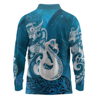 New Zealand Matariki Long Sleeve Polo Shirt Maori Manaia Galaxy Silver Fern Blue Color