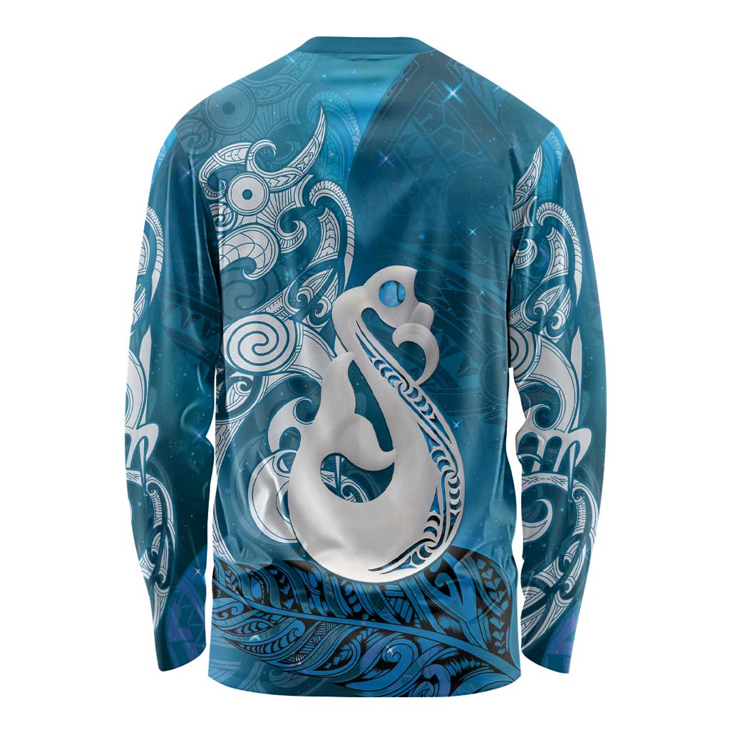 New Zealand Matariki Long Sleeve Shirt Maori Manaia Galaxy Silver Fern Blue Color