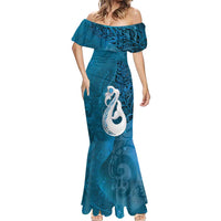 New Zealand Matariki Mermaid Dress Maori Manaia Galaxy Silver Fern Blue Color