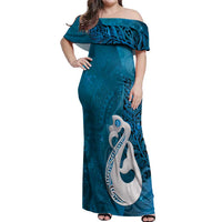 New Zealand Matariki Off Shoulder Maxi Dress Maori Manaia Galaxy Silver Fern Blue Color