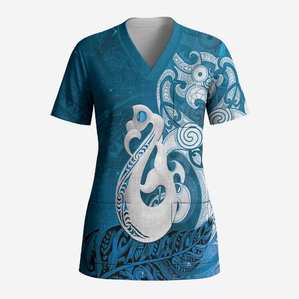 New Zealand Matariki Scrub Top Maori Manaia Galaxy Silver Fern Blue Color LT22 Adult Blue - Polynesian Pride