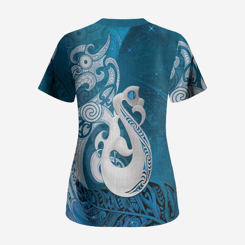 New Zealand Matariki Scrub Top Maori Manaia Galaxy Silver Fern Blue Color LT22 - Polynesian Pride