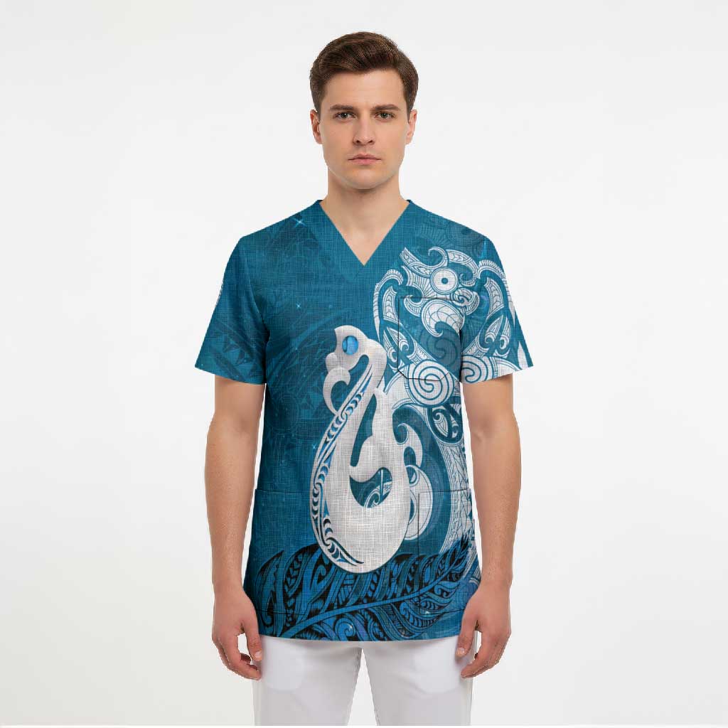 New Zealand Matariki Scrub Top Maori Manaia Galaxy Silver Fern Blue Color LT22 - Polynesian Pride