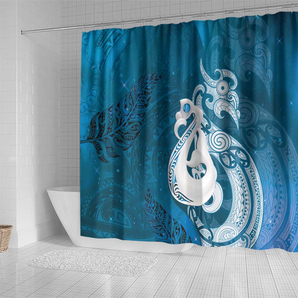 New Zealand Matariki Shower Curtain Maori Manaia Galaxy Silver Fern Blue Color