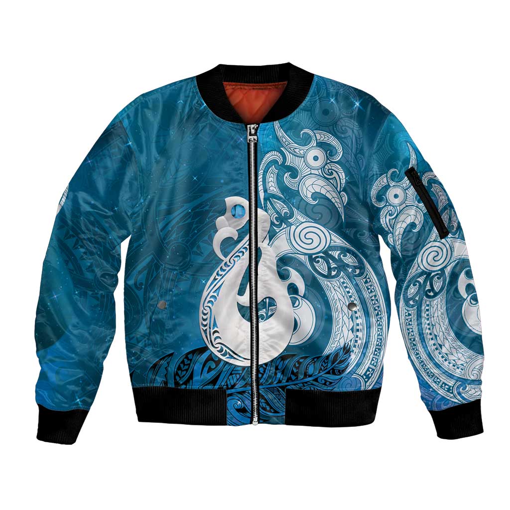 New Zealand Matariki Sleeve Zip Bomber Jacket Maori Manaia Galaxy Silver Fern Blue Color LT22 Unisex Blue - Polynesian Pride