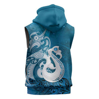 New Zealand Matariki Sleeveless Hoodie Maori Manaia Galaxy Silver Fern Blue Color
