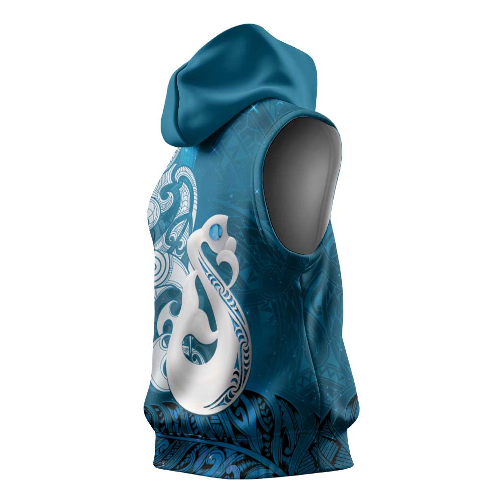 New Zealand Matariki Sleeveless Hoodie Maori Manaia Galaxy Silver Fern Blue Color