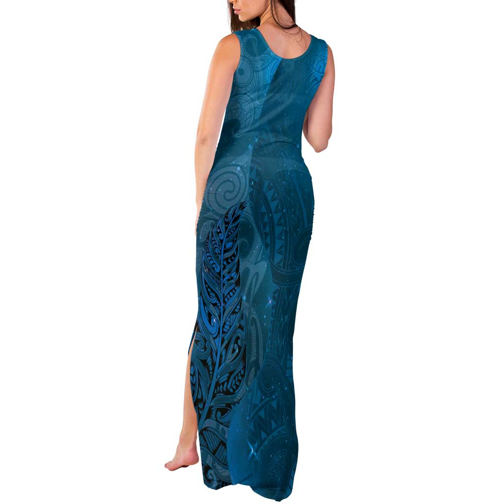 New Zealand Matariki Tank Maxi Dress Maori Manaia Galaxy Silver Fern Blue Color