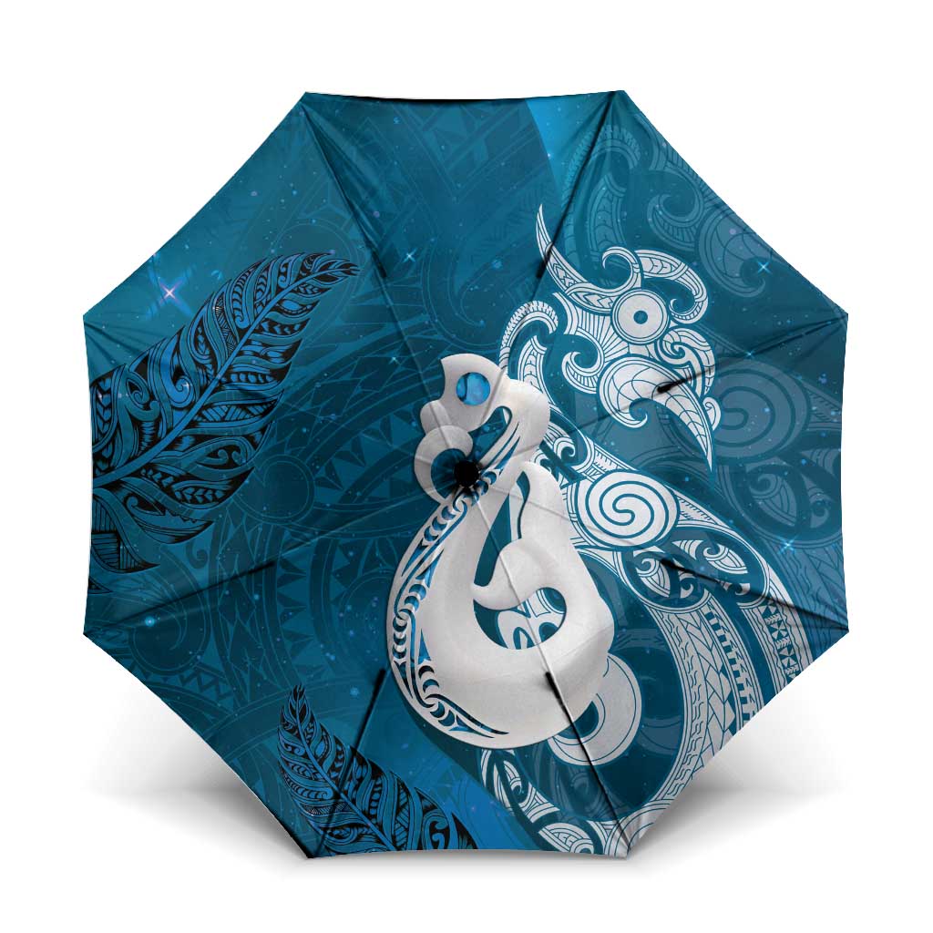 New Zealand Matariki Umbrella Maori Manaia Galaxy Silver Fern Blue Color LT22 One Size Folded 11.42 inch Opened Diameter 37.4 inch Blue - Polynesian Pride