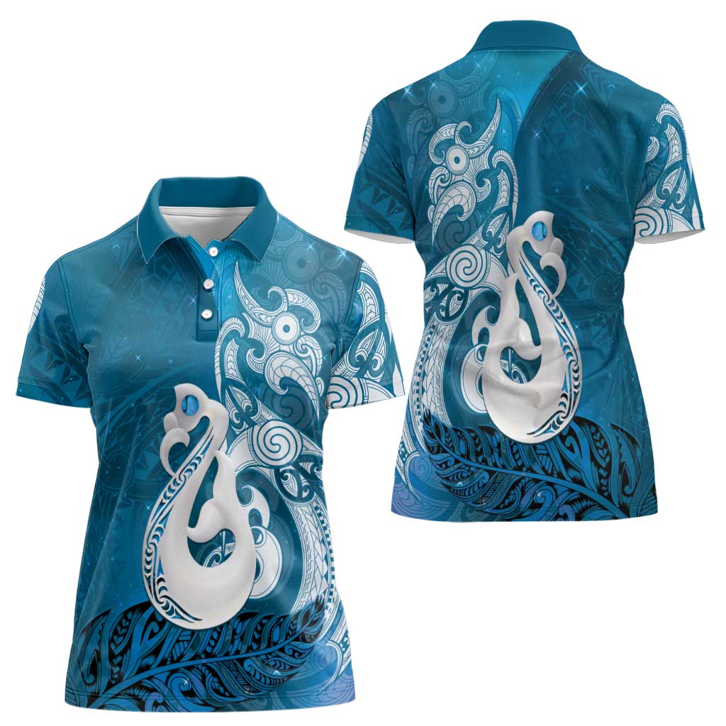 New Zealand Matariki Women Polo Shirt Maori Manaia Galaxy Silver Fern Blue Color