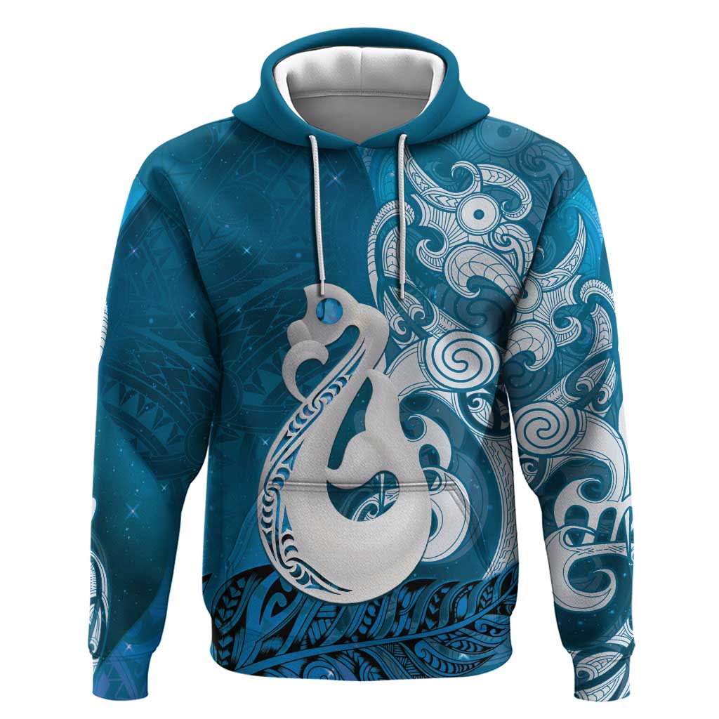 New Zealand Matariki Zip Hoodie Maori Manaia Galaxy Silver Fern Blue Color