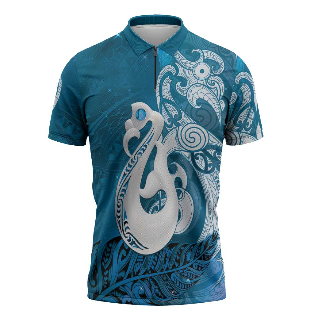 New Zealand Matariki Zipper Polo Shirt Maori Manaia Galaxy Silver Fern Blue Color