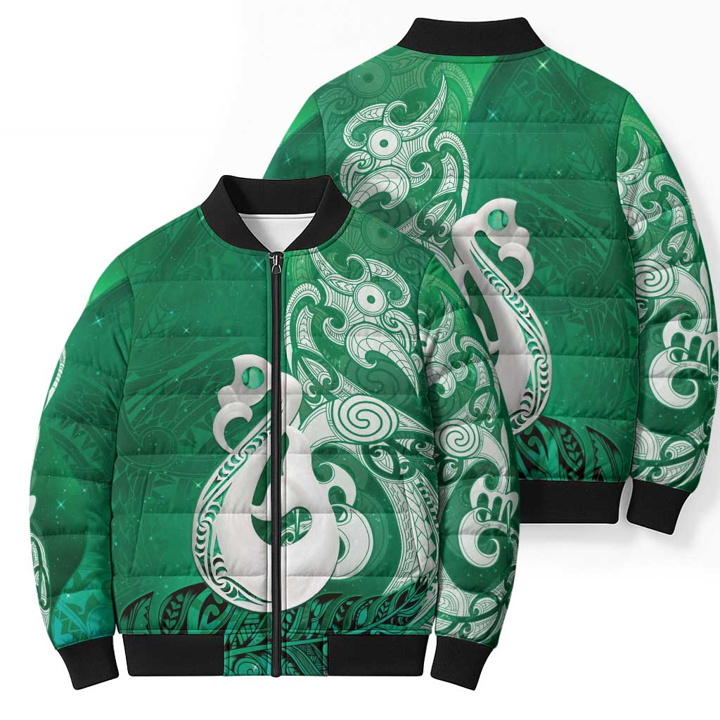 New Zealand Matariki Bomber Puffer Jacket Maori Manaia Galaxy Silver Fern Green Color