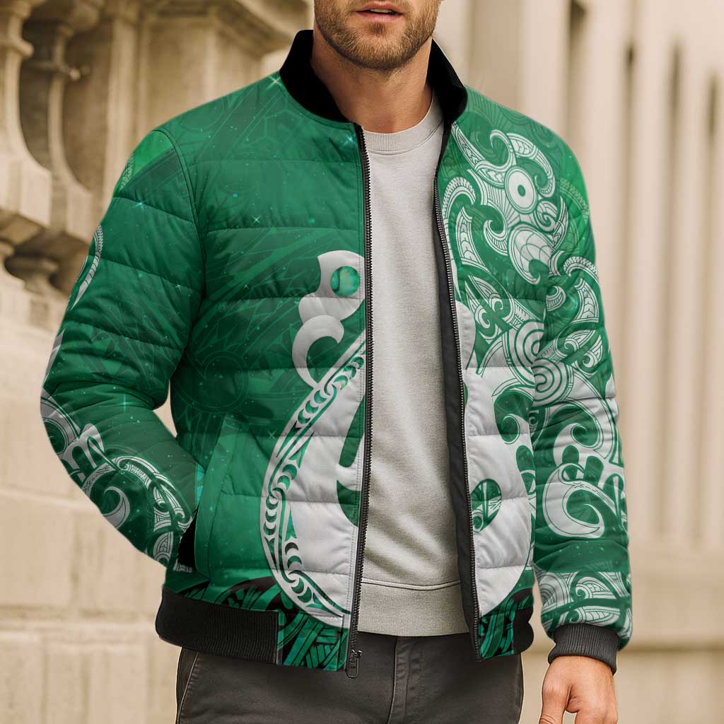 New Zealand Matariki Bomber Puffer Jacket Maori Manaia Galaxy Silver Fern Green Color