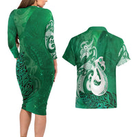 New Zealand Matariki Couples Matching Long Sleeve Bodycon Dress and Hawaiian Shirt Maori Manaia Galaxy Silver Fern Green Color