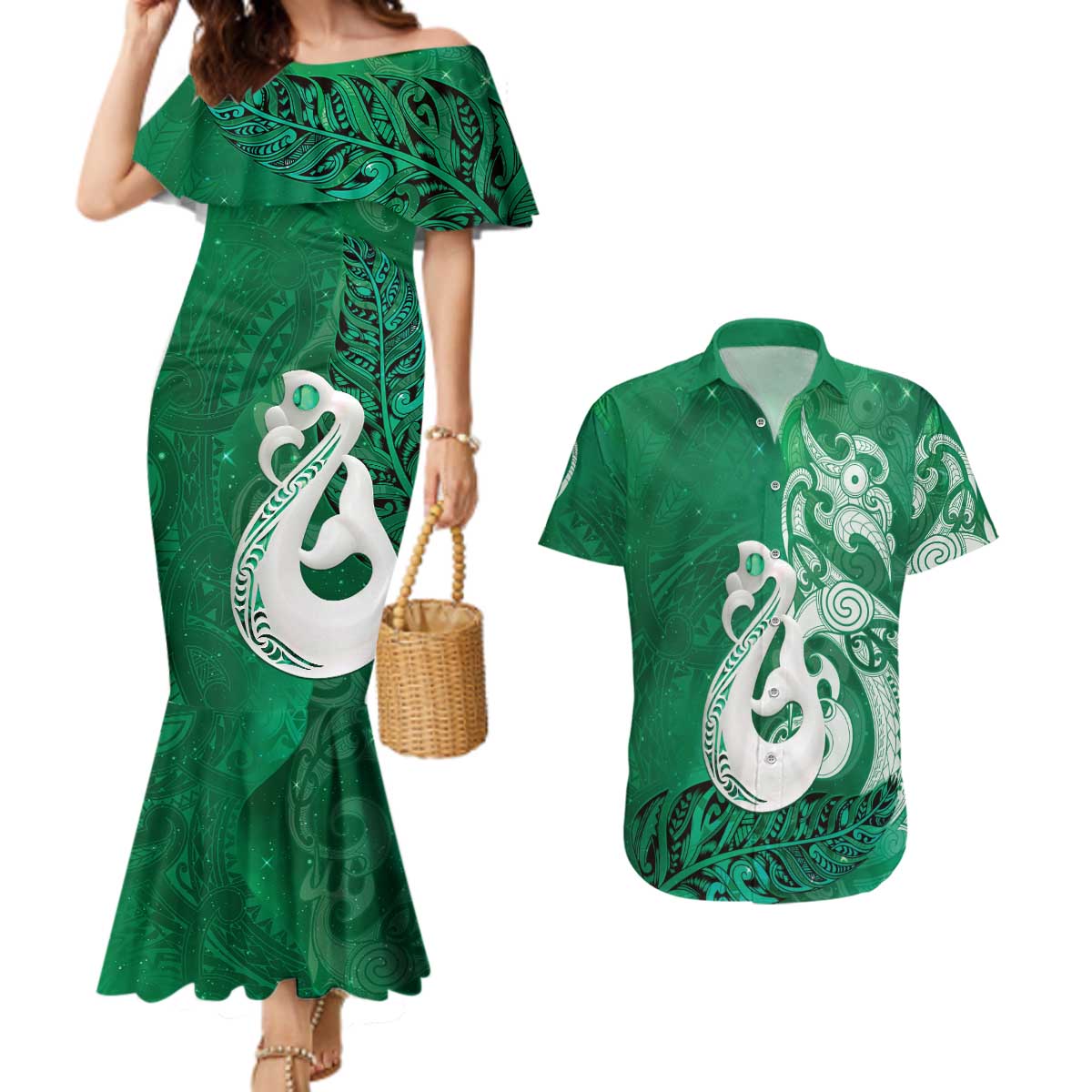 New Zealand Matariki Couples Matching Mermaid Dress and Hawaiian Shirt Maori Manaia Galaxy Silver Fern Green Color