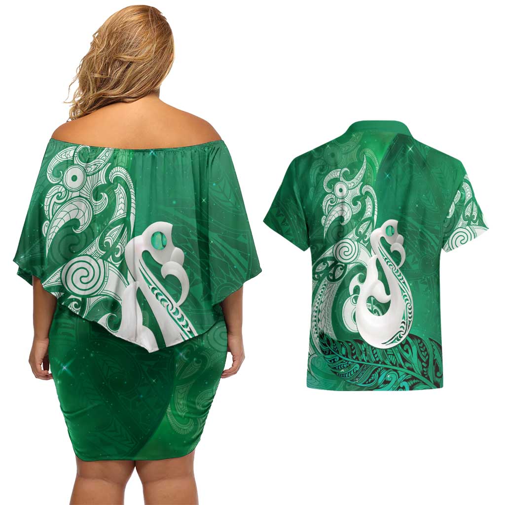 New Zealand Matariki Couples Matching Off Shoulder Short Dress and Hawaiian Shirt Maori Manaia Galaxy Silver Fern Green Color LT22 - Polynesian Pride
