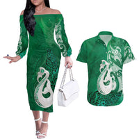 New Zealand Matariki Couples Matching Off The Shoulder Long Sleeve Dress and Hawaiian Shirt Maori Manaia Galaxy Silver Fern Green Color