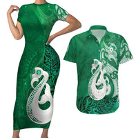 New Zealand Matariki Couples Matching Short Sleeve Bodycon Dress and Hawaiian Shirt Maori Manaia Galaxy Silver Fern Green Color