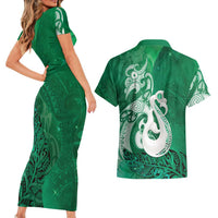 New Zealand Matariki Couples Matching Short Sleeve Bodycon Dress and Hawaiian Shirt Maori Manaia Galaxy Silver Fern Green Color