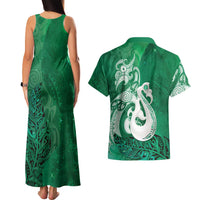 New Zealand Matariki Couples Matching Tank Maxi Dress and Hawaiian Shirt Maori Manaia Galaxy Silver Fern Green Color