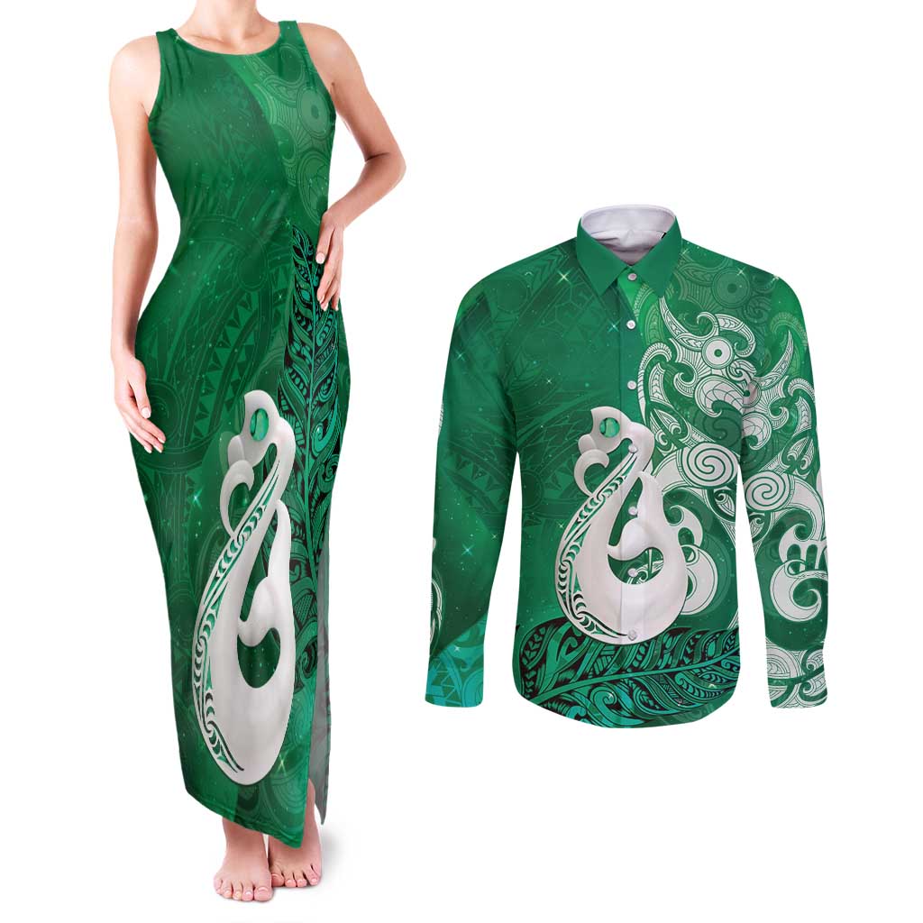 New Zealand Matariki Couples Matching Tank Maxi Dress and Long Sleeve Button Shirt Maori Manaia Galaxy Silver Fern Green Color