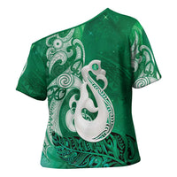 New Zealand Matariki Cross Shoulder Shirt Maori Manaia Galaxy Silver Fern Green Color