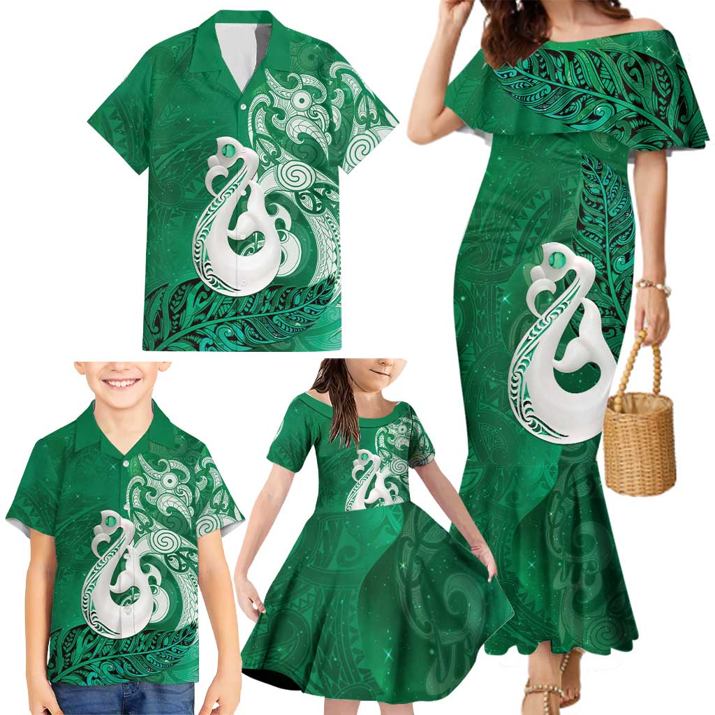 New Zealand Matariki Family Matching Mermaid Dress and Hawaiian Shirt Maori Manaia Galaxy Silver Fern Green Color LT22 - Polynesian Pride