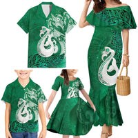 New Zealand Matariki Family Matching Mermaid Dress and Hawaiian Shirt Maori Manaia Galaxy Silver Fern Green Color LT22 - Polynesian Pride