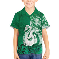 New Zealand Matariki Family Matching Mermaid Dress and Hawaiian Shirt Maori Manaia Galaxy Silver Fern Green Color LT22 Son's Shirt Green - Polynesian Pride
