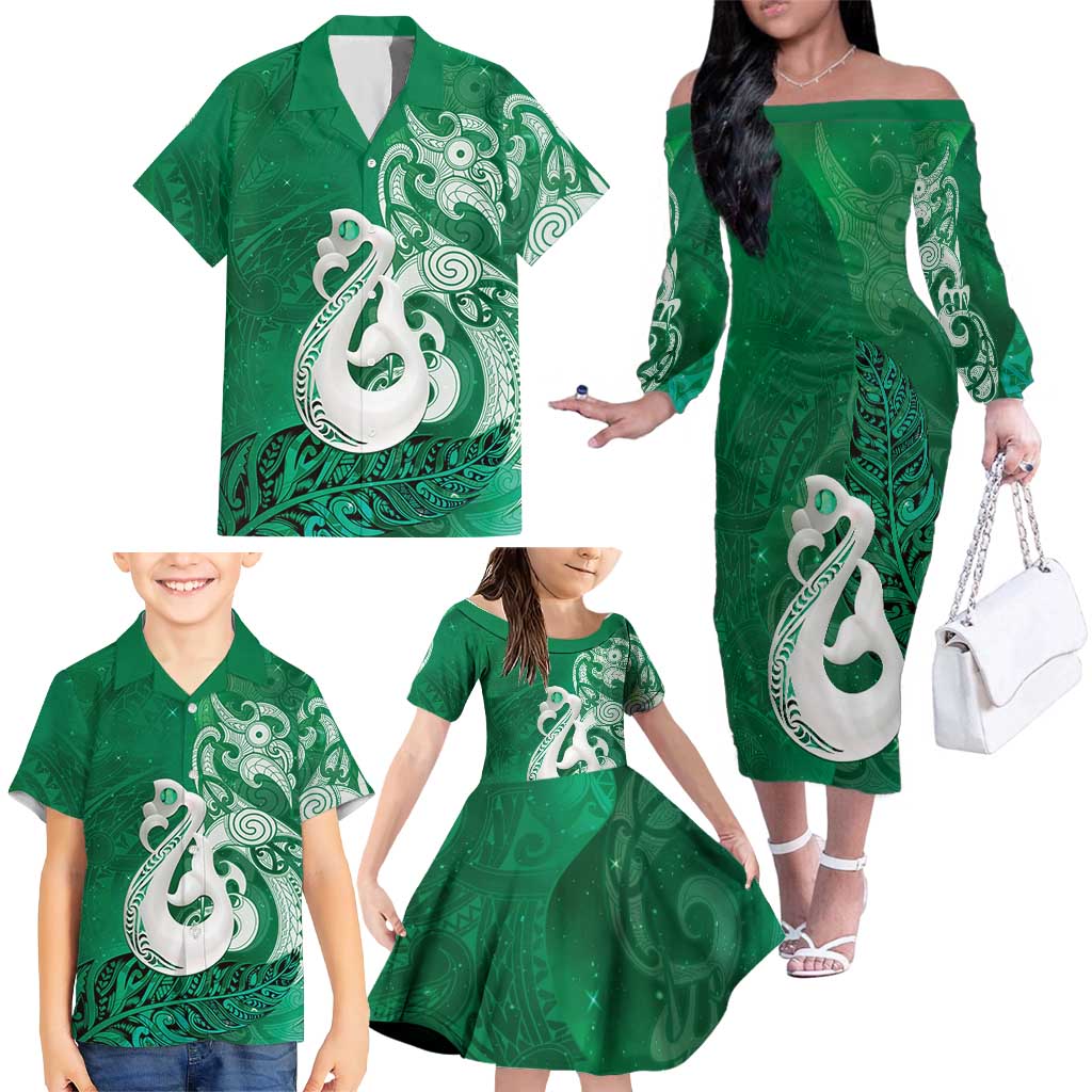 New Zealand Matariki Family Matching Off The Shoulder Long Sleeve Dress and Hawaiian Shirt Maori Manaia Galaxy Silver Fern Green Color LT22 - Polynesian Pride