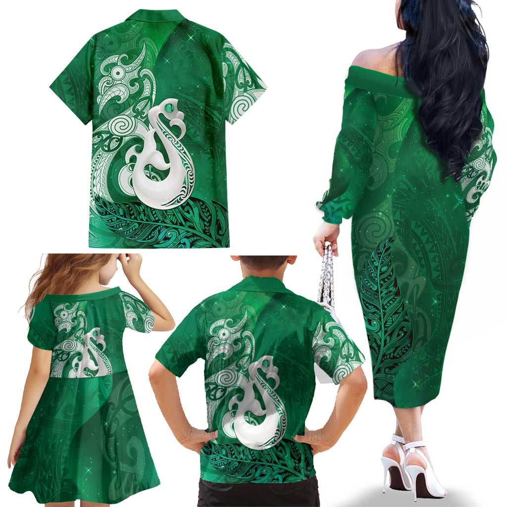 New Zealand Matariki Family Matching Off The Shoulder Long Sleeve Dress and Hawaiian Shirt Maori Manaia Galaxy Silver Fern Green Color LT22 - Polynesian Pride
