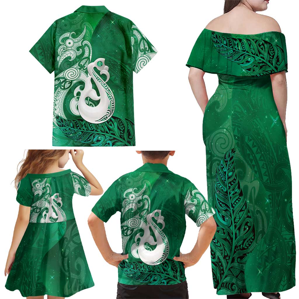 New Zealand Matariki Family Matching Off Shoulder Maxi Dress and Hawaiian Shirt Maori Manaia Galaxy Silver Fern Green Color