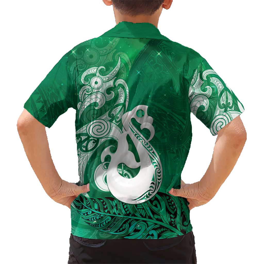 New Zealand Matariki Family Matching Short Sleeve Bodycon Dress and Hawaiian Shirt Maori Manaia Galaxy Silver Fern Green Color LT22 - Polynesian Pride