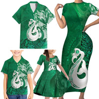 New Zealand Matariki Family Matching Short Sleeve Bodycon Dress and Hawaiian Shirt Maori Manaia Galaxy Silver Fern Green Color LT22 - Polynesian Pride