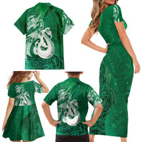New Zealand Matariki Family Matching Short Sleeve Bodycon Dress and Hawaiian Shirt Maori Manaia Galaxy Silver Fern Green Color LT22 - Polynesian Pride