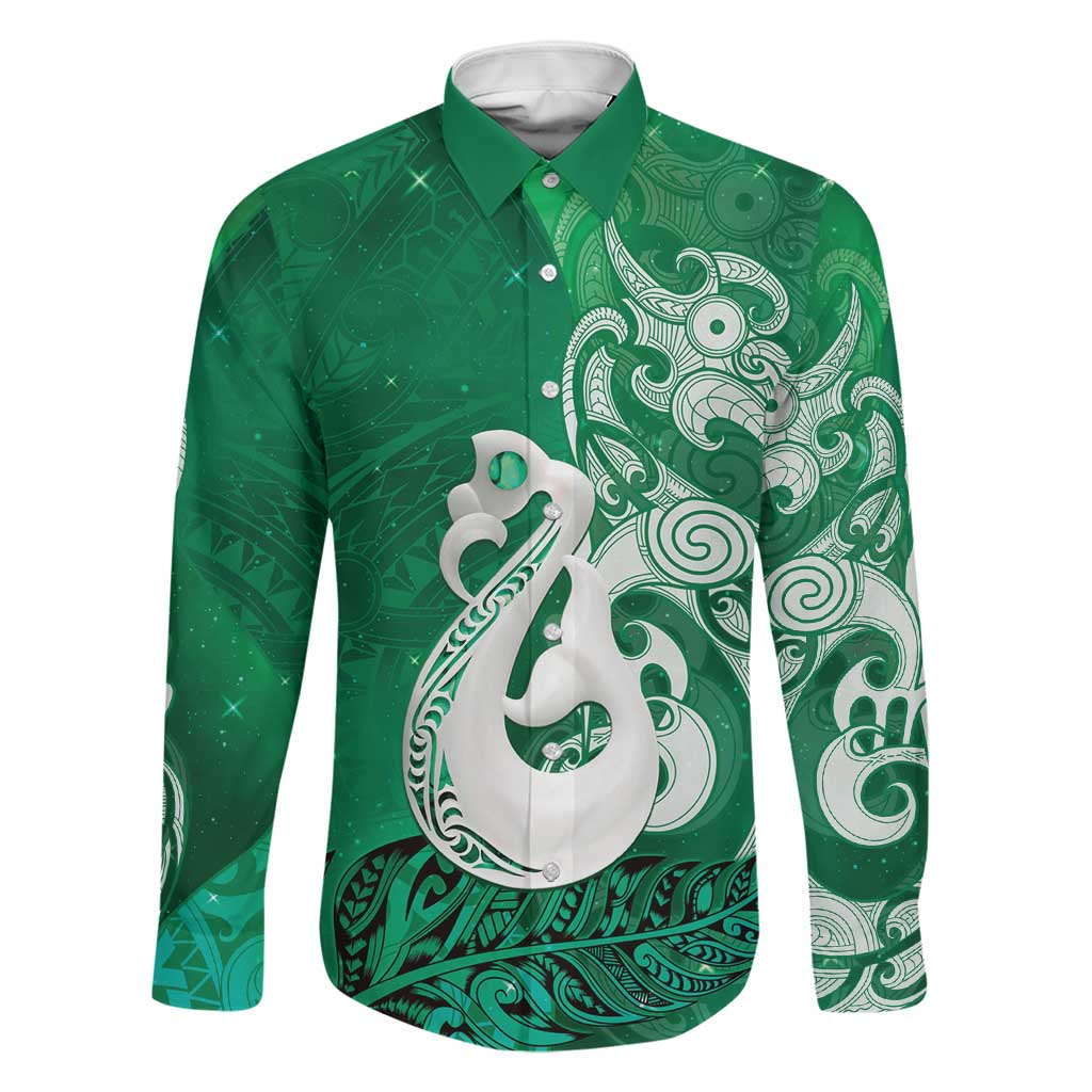 New Zealand Matariki Family Matching Short Sleeve Bodycon Dress and Hawaiian Shirt Maori Manaia Galaxy Silver Fern Green Color LT22 Dad's Shirt - Long Sleeve Green - Polynesian Pride