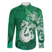 New Zealand Matariki Family Matching Short Sleeve Bodycon Dress and Hawaiian Shirt Maori Manaia Galaxy Silver Fern Green Color LT22 Dad's Shirt - Long Sleeve Green - Polynesian Pride