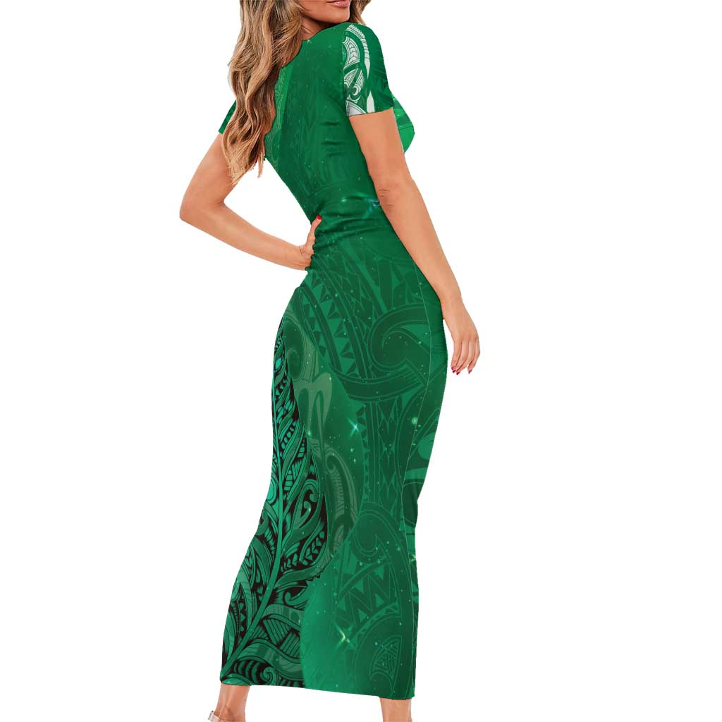 New Zealand Matariki Family Matching Short Sleeve Bodycon Dress and Hawaiian Shirt Maori Manaia Galaxy Silver Fern Green Color LT22 - Polynesian Pride