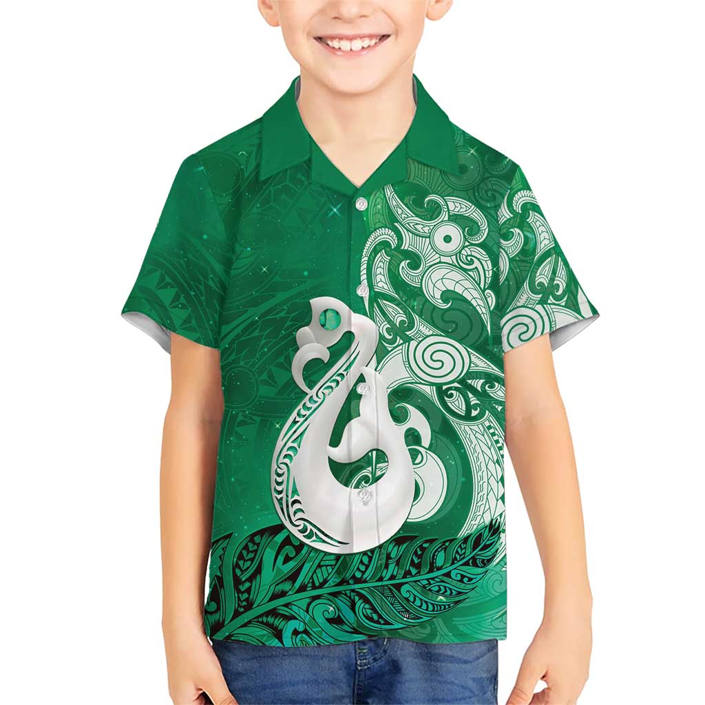 New Zealand Matariki Family Matching Short Sleeve Bodycon Dress and Hawaiian Shirt Maori Manaia Galaxy Silver Fern Green Color LT22 Son's Shirt Green - Polynesian Pride